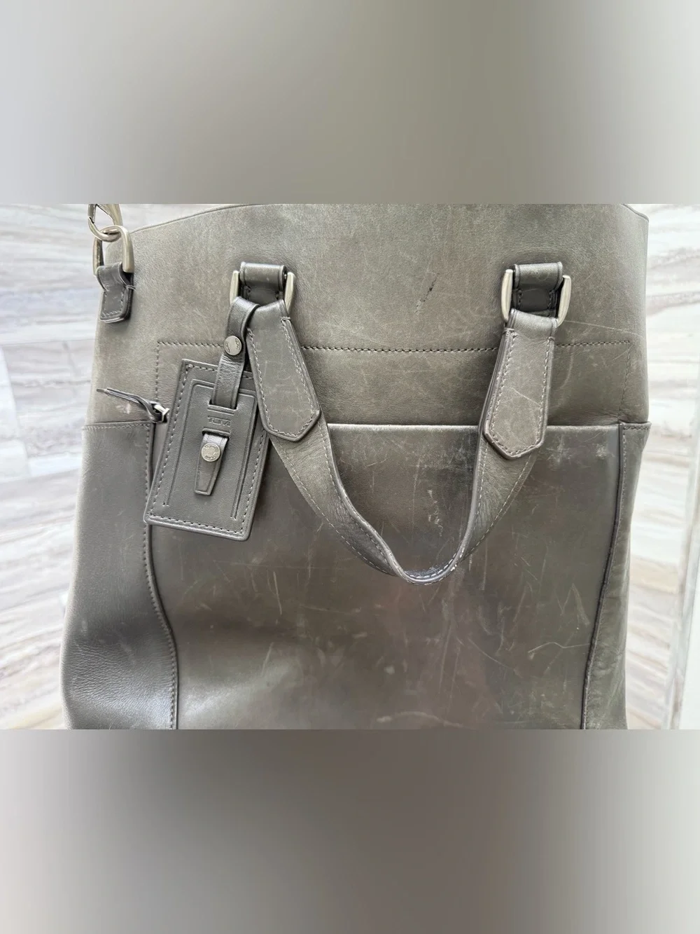 Huge Tumi Gray Leather Cross-body Tote Bag with Adjustable Strap